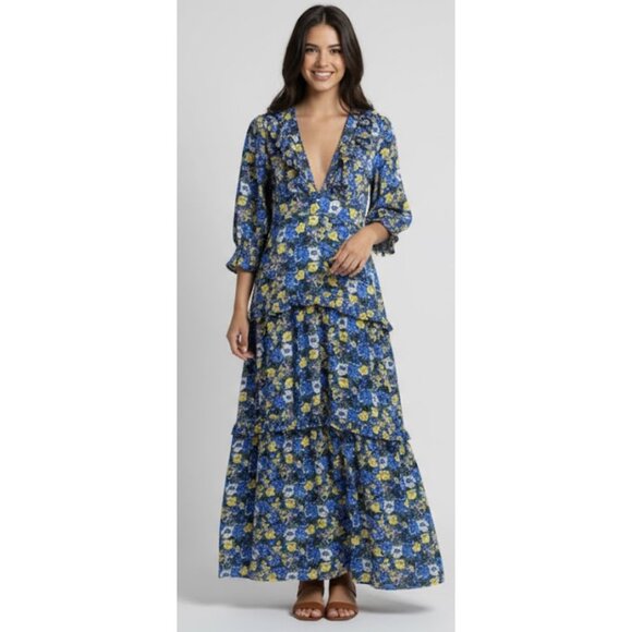 MELLODAY Ditsy Blue Yellow Floral Tiered Ruffle Maxi Dress Boho Cottagecore Trad - Picture 1 of 14